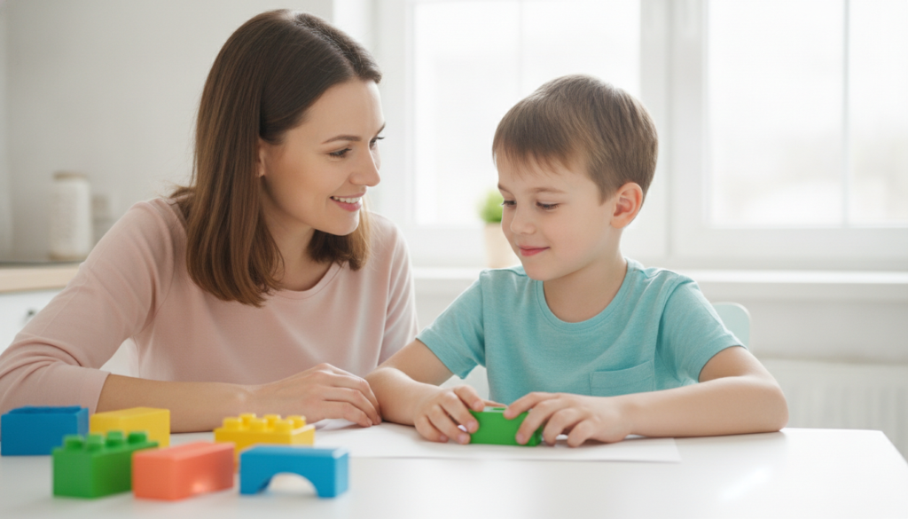 A warm parent smiling with pride beside their bright twelve-year-old at a sunny kitchen table.