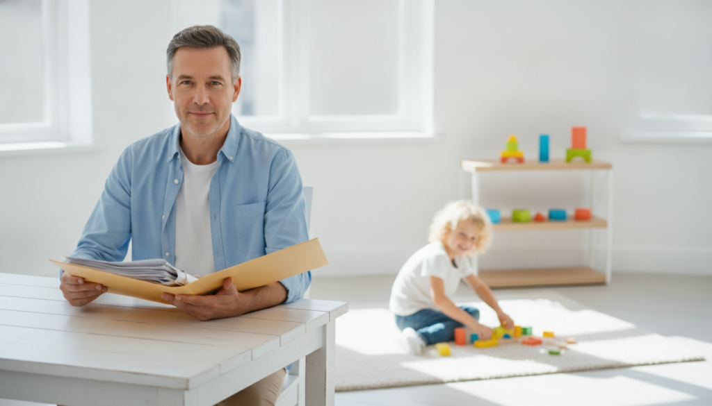 A hopeful parent at a bright kitchen table holding a folder of papers, their young child playing with colorful learning blocks nearby