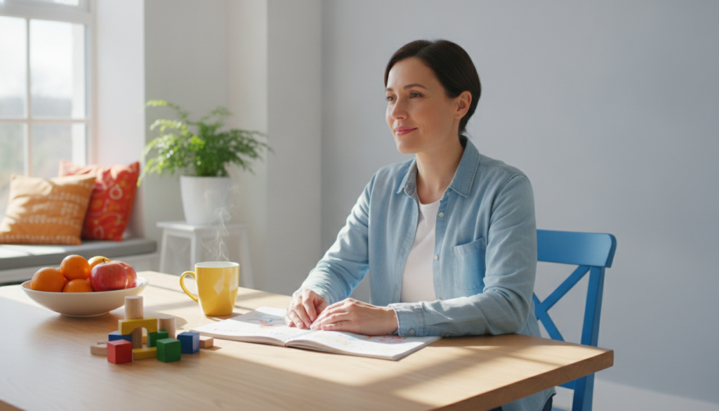 Parent at a sunny kitchen table looking over a child's homework notebook and colorful counting blocks, with a calm smile.
