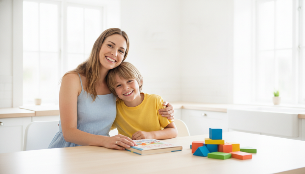 A mother and her 12-year-old child sitting close together at a kitchen table, both smiling and relaxed