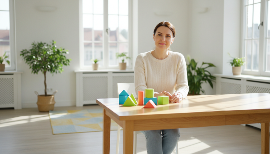 A reassured mother sitting at a bright kitchen table with colorful learning blocks