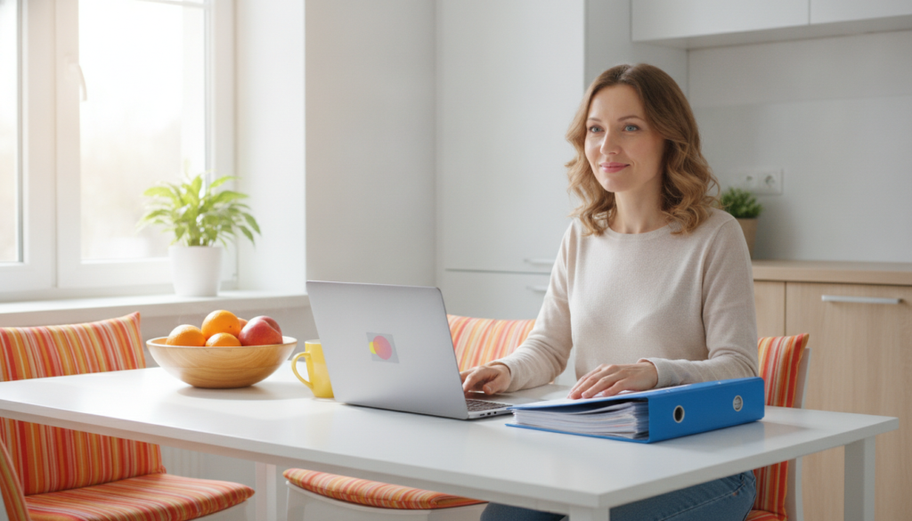 Parent at a sunny kitchen table with a laptop and a blue folder of school papers, smiling with quiet resolve.