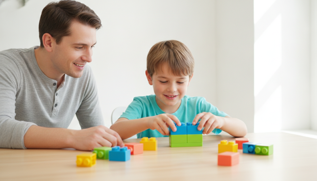 A parent sitting beside their 12-year-old, smiling encouragingly as the child works through a hands-on learning activity