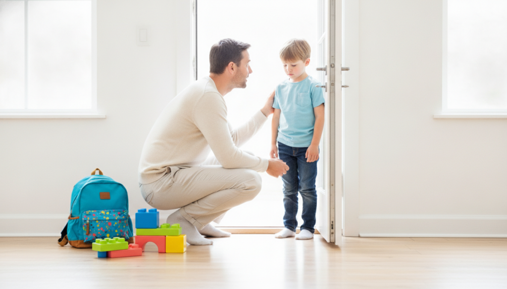 A parent crouches down to listen closely to their tired child at the front door after school
