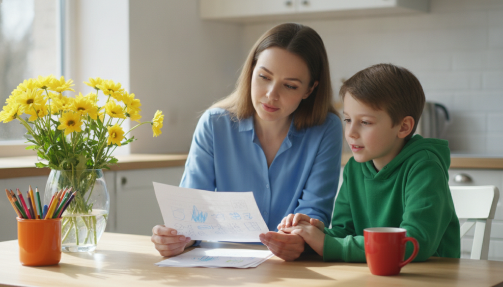A mother and her son look over a returned math worksheet together at a sunny kitchen table.
