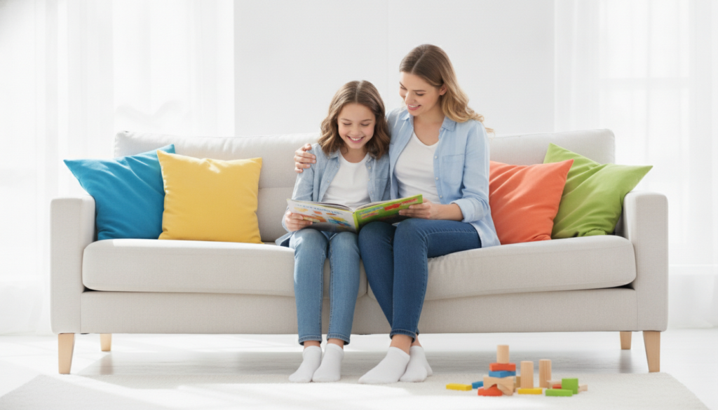 A warm parent and their child sitting close together sharing an open picture book, both smiling