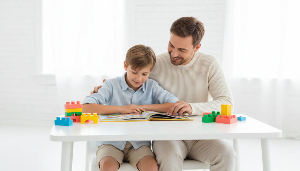A parent sitting beside their child at a bright table with an open book, encouraging them as they read.