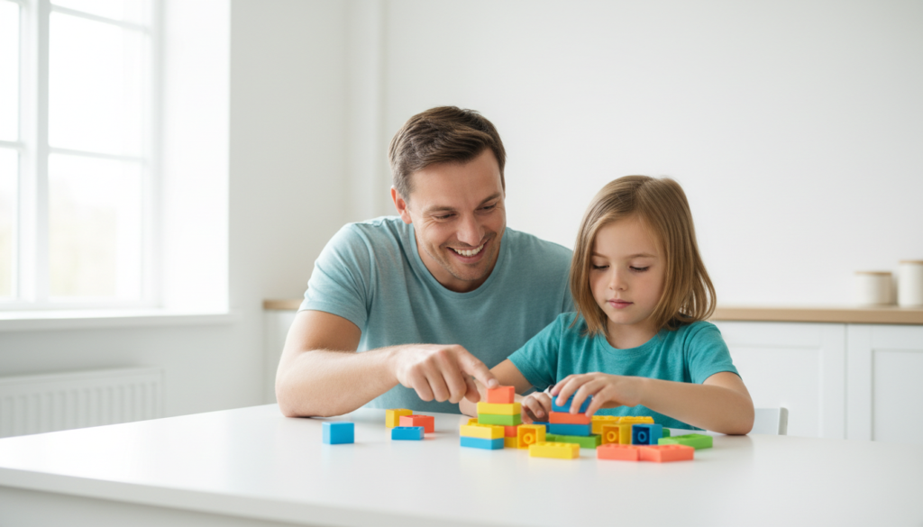 A parent leaning in with genuine pride beside their child at the kitchen table, pointing at the colorful blocks the child is working with