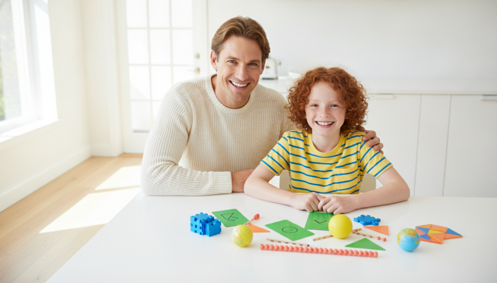 A warm parent sitting beside a cheerful 12-year-old at a bright kitchen table, encouraging her