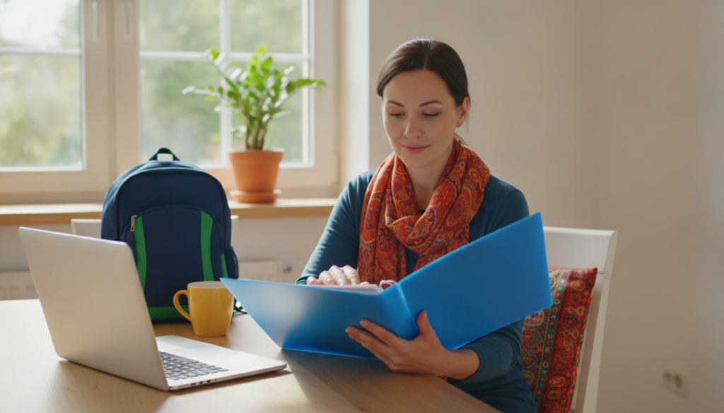 Parent at a sunny kitchen table with a school folder and laptop, preparing to ask how a typing accommodation will be provided