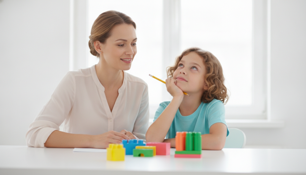 A mother sits beside her thoughtful 12-year-old, who gazes upward with imagination while holding a pencil