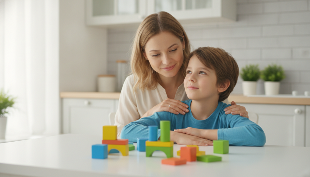 A calm parent sitting close to a 12-year-old at a bright kitchen table, a hand on their shoulder, reassuring them after a hard moment