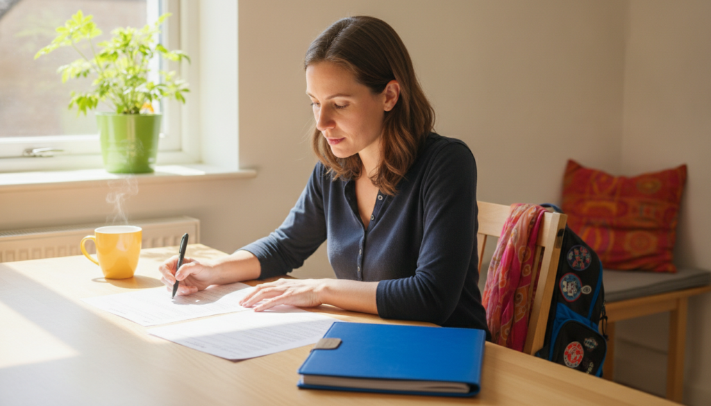 Parent at a sunny kitchen table comparing last year's IEP with the draft for the new school