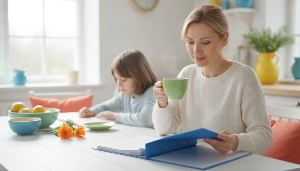 A calm, determined mother at a kitchen table with an open folder of papers, her child in the background