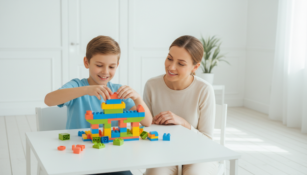 A focused 12-year-old building an elaborate colorful block construction while a warm parent sits close and watches with pride