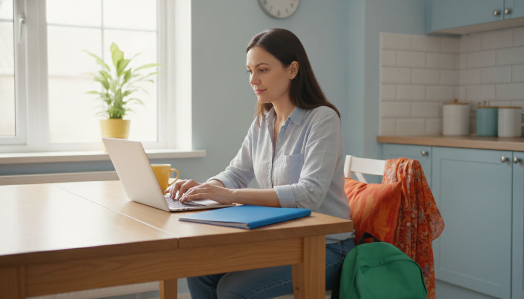 Mother at a sunny kitchen table sending a written evaluation request to her child's school