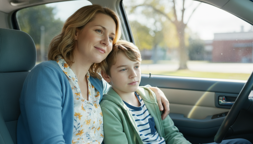A caring mother sitting close to her thoughtful 12-year-old son, offering warmth and reassurance in bright daylight.