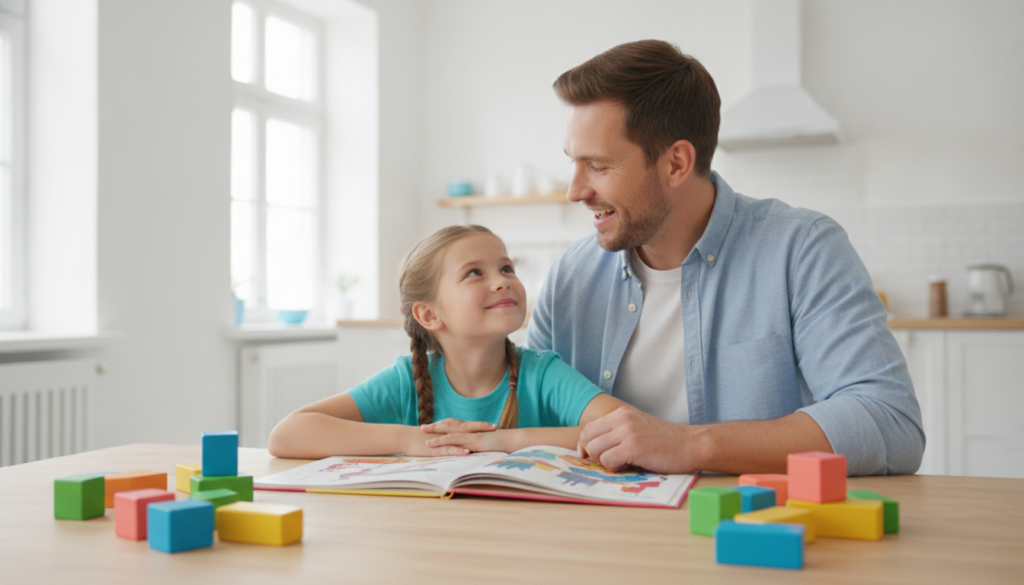 A parent and a smiling child reading together at a bright kitchen table