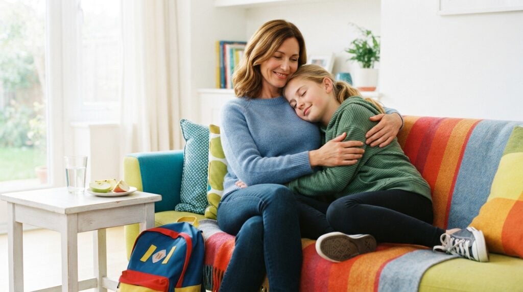 A mother on a sunny couch after school with her daughter resting on her shoulder, a snack and water nearby