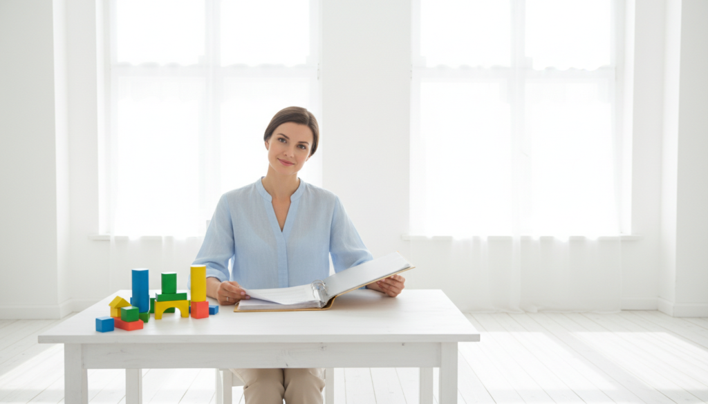 A determined parent reviewing a folder of papers at a bright kitchen table before a school meeting