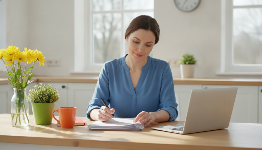 A mother reads through her child's school papers at a sunny kitchen table, pen in hand.