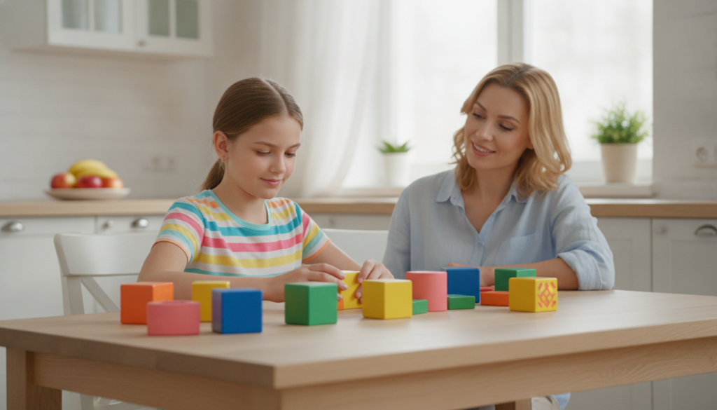 A mother sitting beside her 12-year-old daughter at a bright kitchen table, giving her space while she works.
