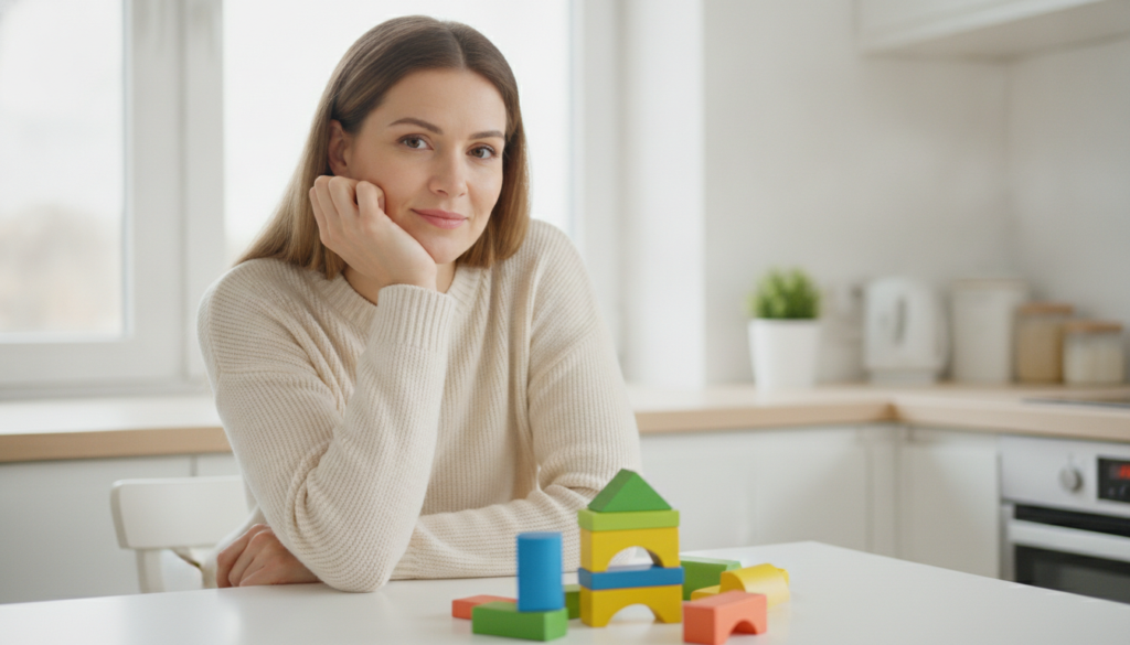 A thoughtful mother sitting at a bright kitchen table in the evening, considering her child's day