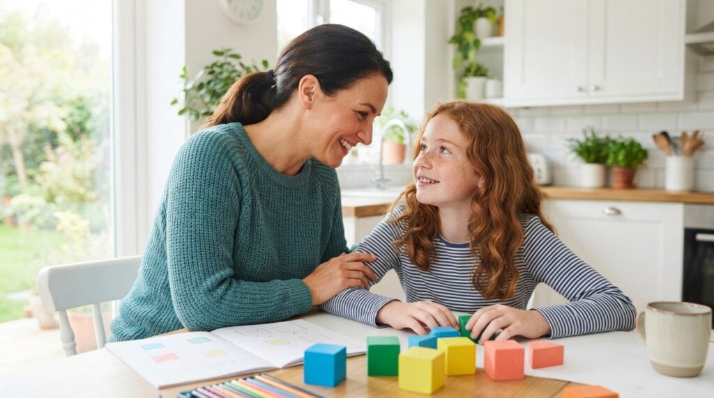 A parent leaning in with a reassuring smile beside their hopeful 12-year-old at a bright kitchen table.