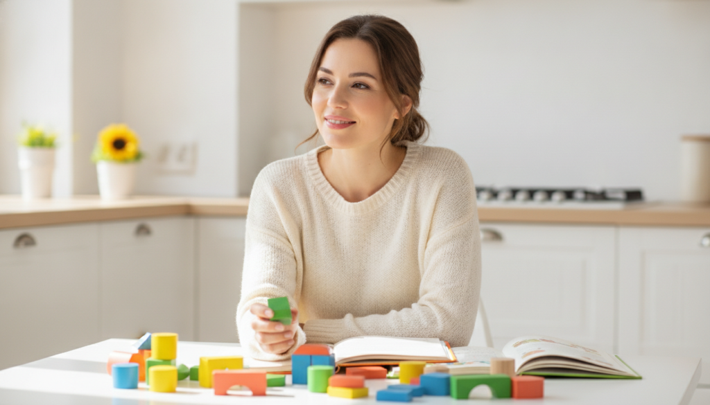 A thoughtful, hopeful mother sitting at a sunlit kitchen table
