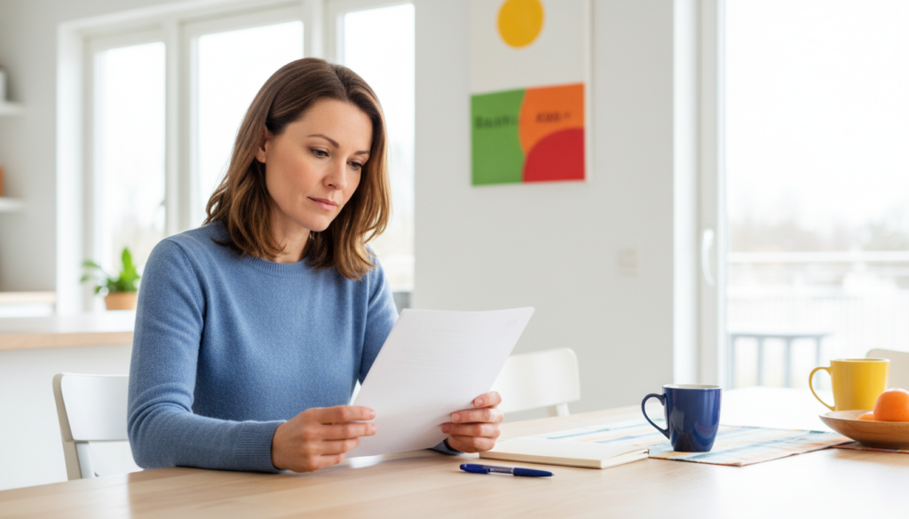 A mother at a sunny kitchen table holding a folded paper after a school meeting, looking thoughtful and determined