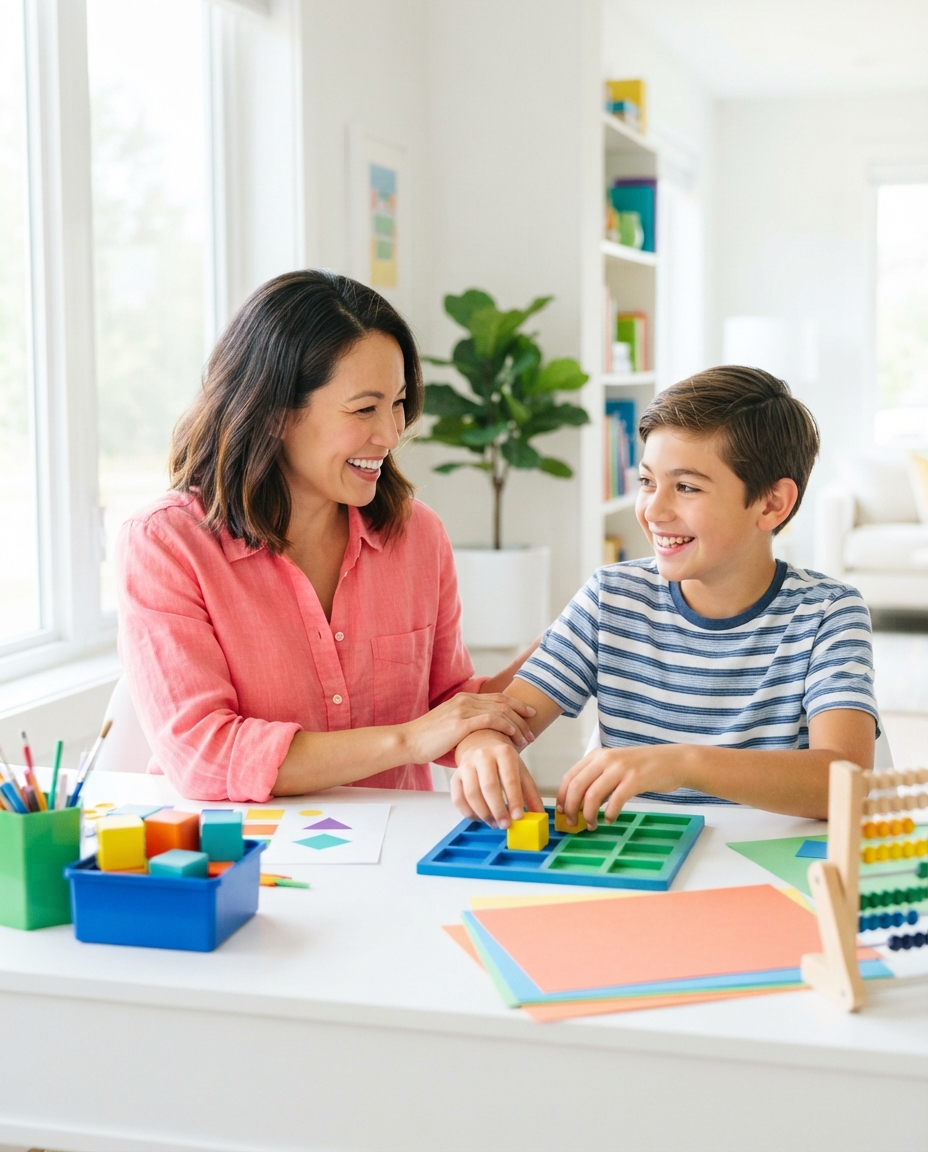 A warm parent and their twelve-year-old child work on a short learning activity together at a tidy desk, both smiling