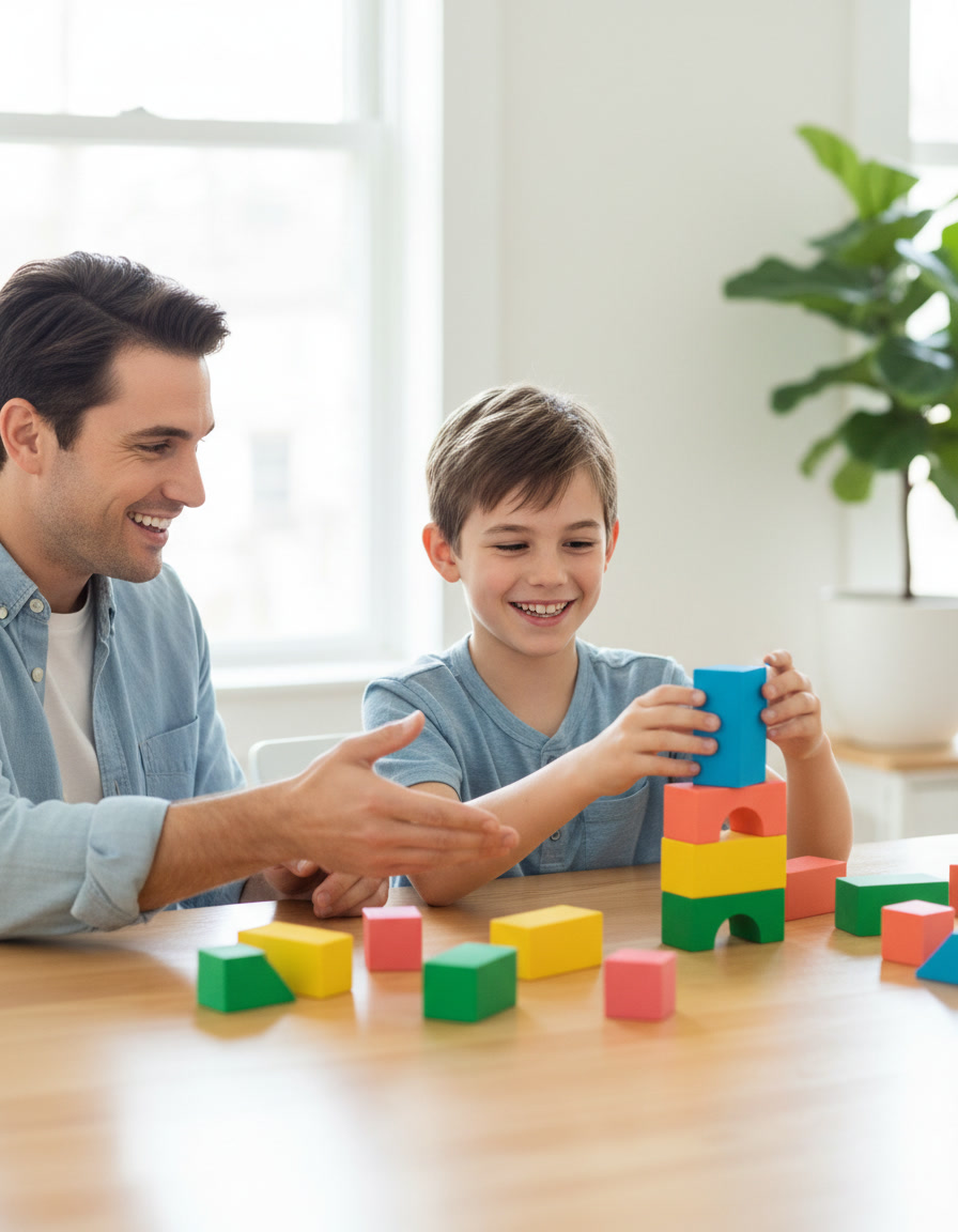 A father guides his smiling 12-year-old son through a hands-on building activity at a bright table
