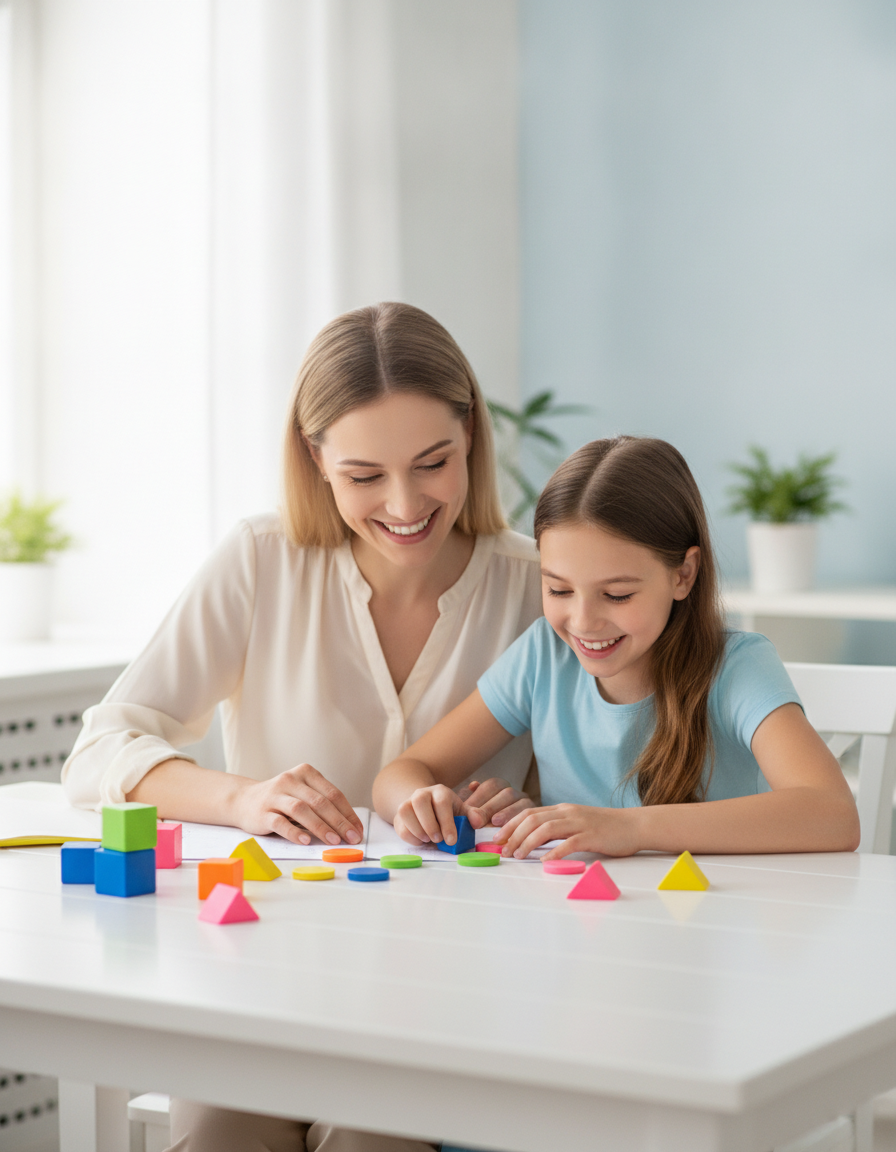 A mother and her daughter doing a short focused learning activity together at a bright table
