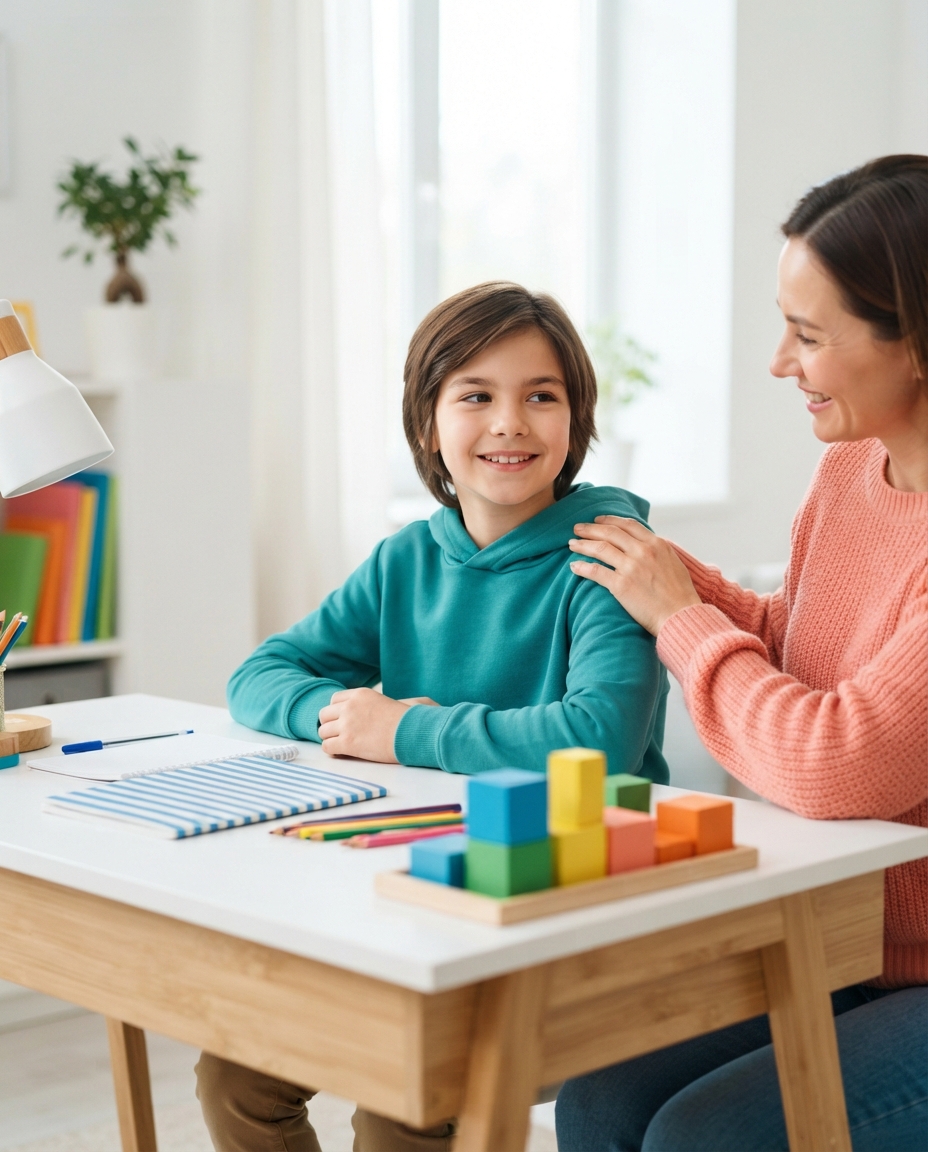 A quietly proud 12-year-old sitting taller at a bright desk with a parent's encouraging hand on their shoulder.
