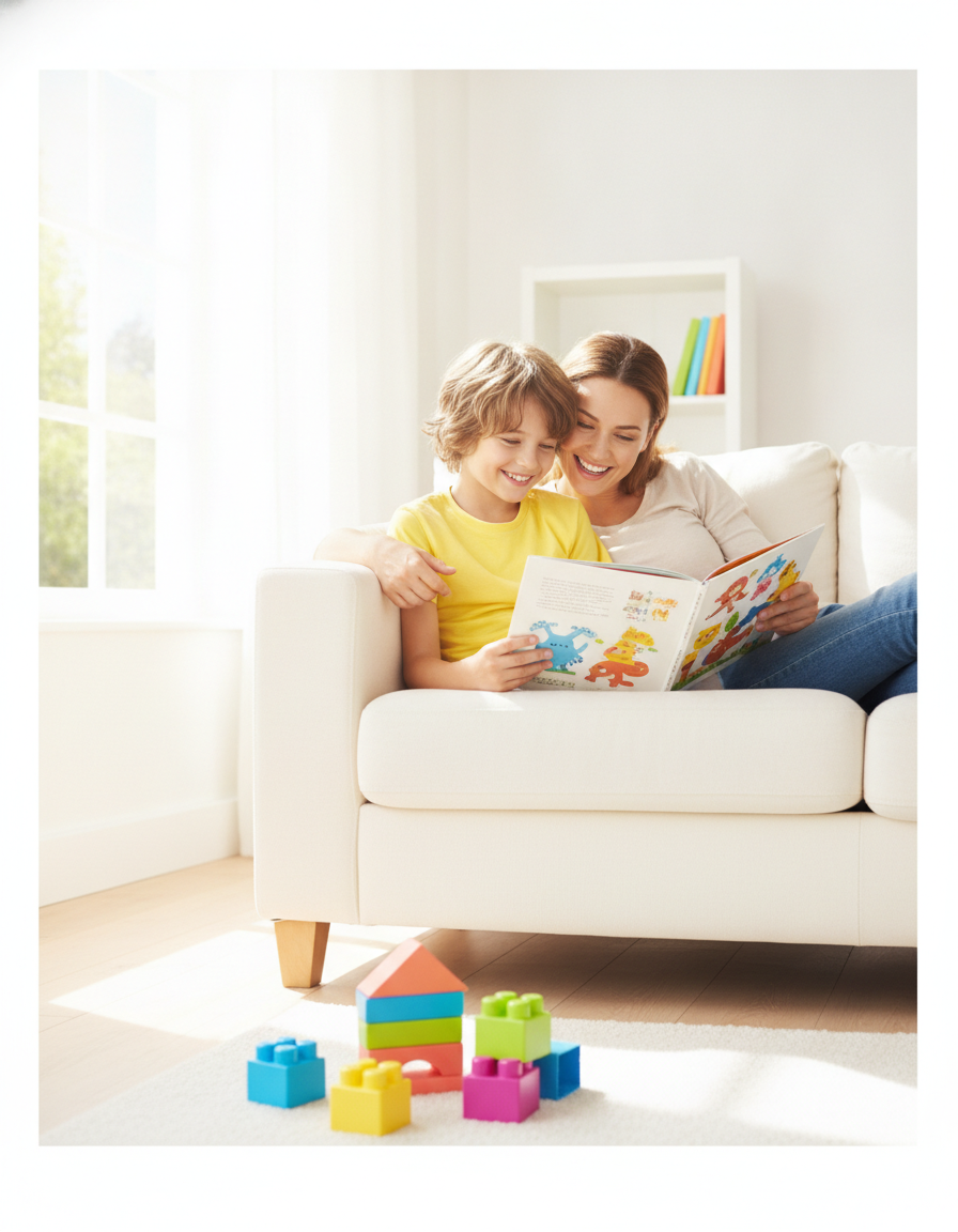 A smiling child and parent reading an open picture book together on a sofa in a bright airy room, colorful learning blocks on the floor