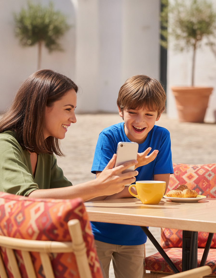 Child explaining an idea out loud with animated hands while a parent listens and records on a phone