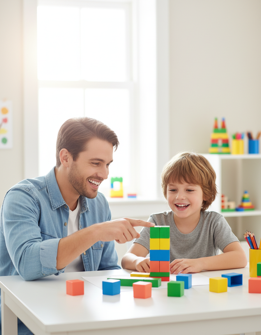 A parent and child doing a short hands-on learning activity together at home