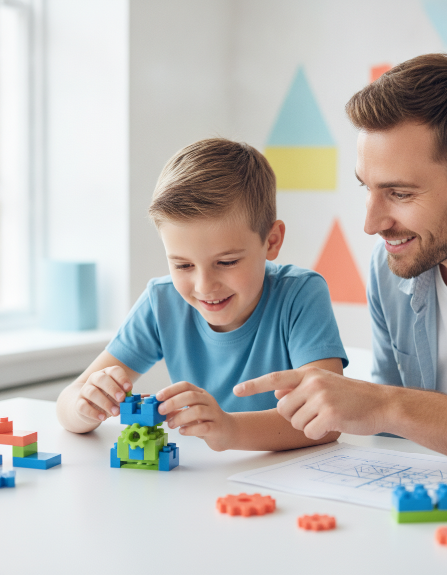 A parent and a smiling 12-year-old building together at a bright desk, the child engaged and leaning in