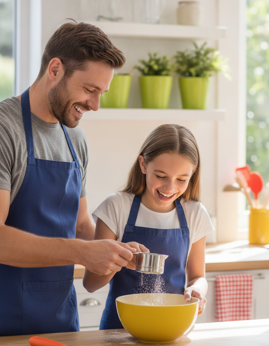 A father and his 12-year-old daughter measure flour together at a sunny kitchen counter.