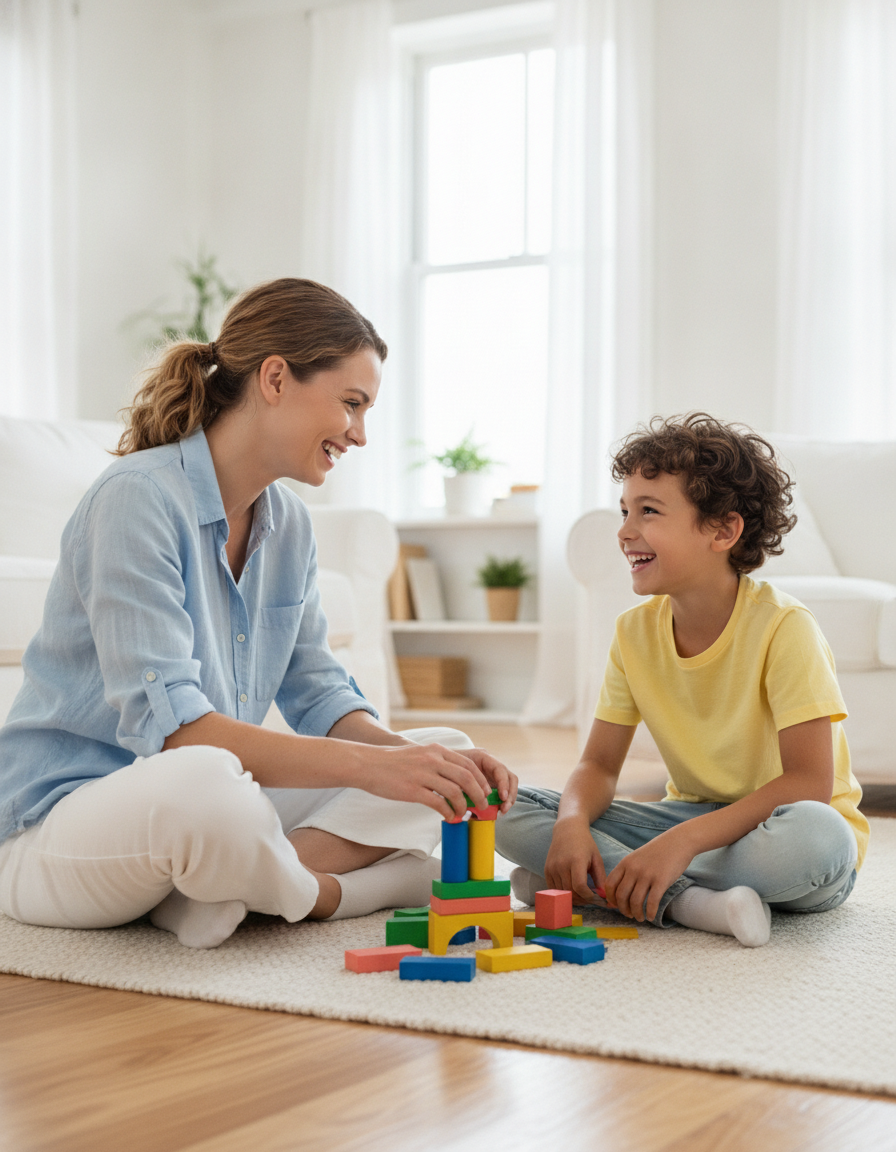 A smiling mother and her child building with colorful blocks together on a bright living-room floor