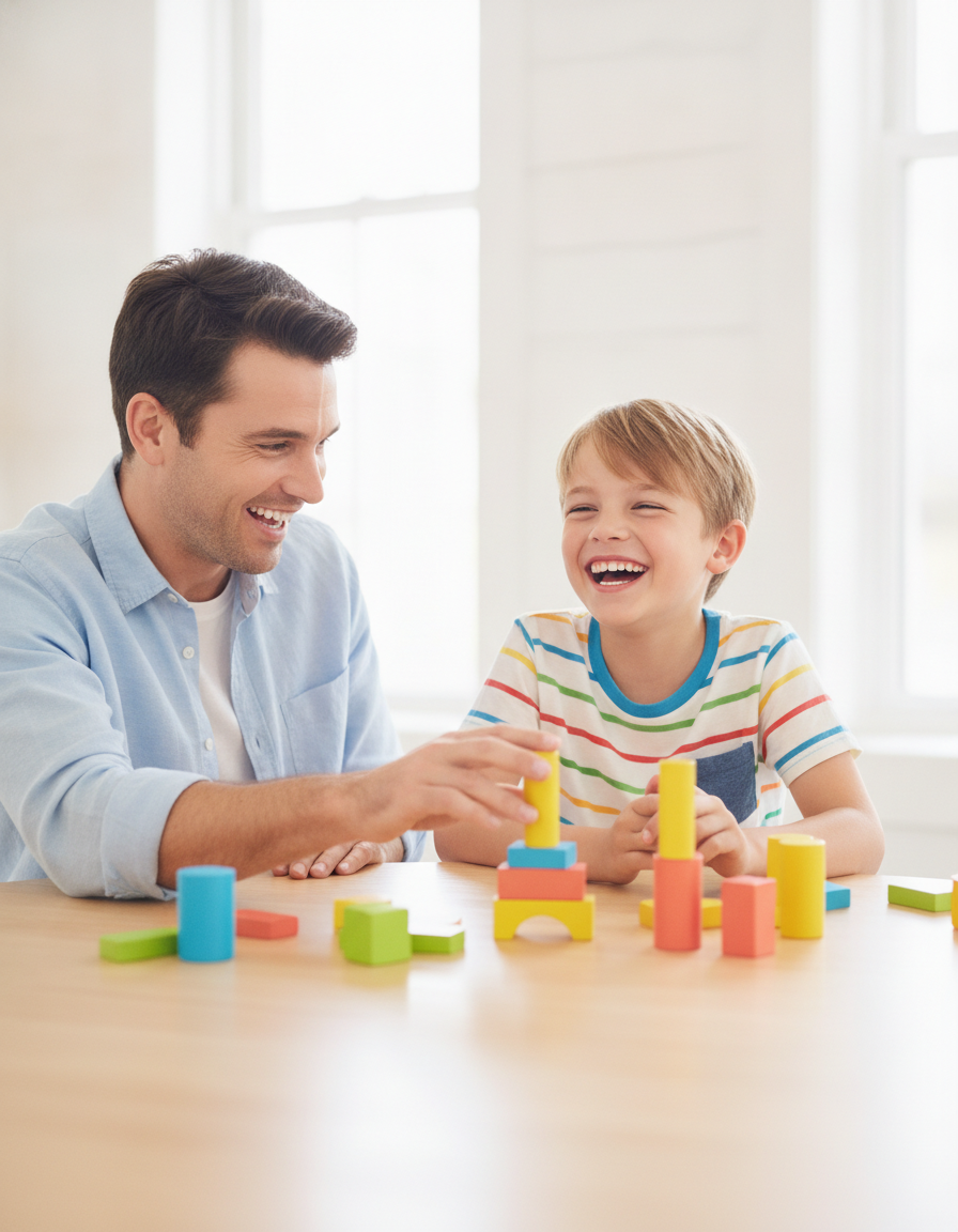 A parent and child smiling together with colorful learning blocks at a bright table