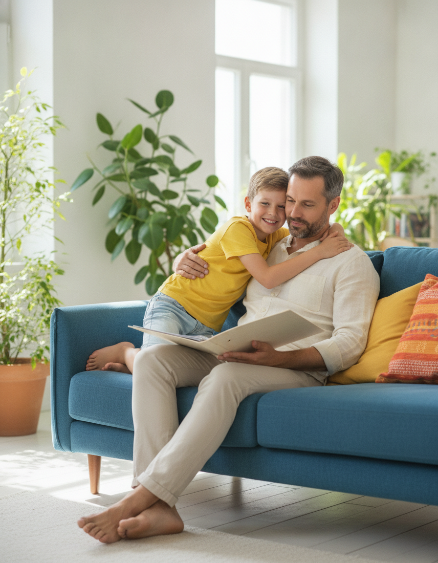 A father and his 12-year-old son sit close on a sunny sofa, the boy smiling as his father holds a folder.