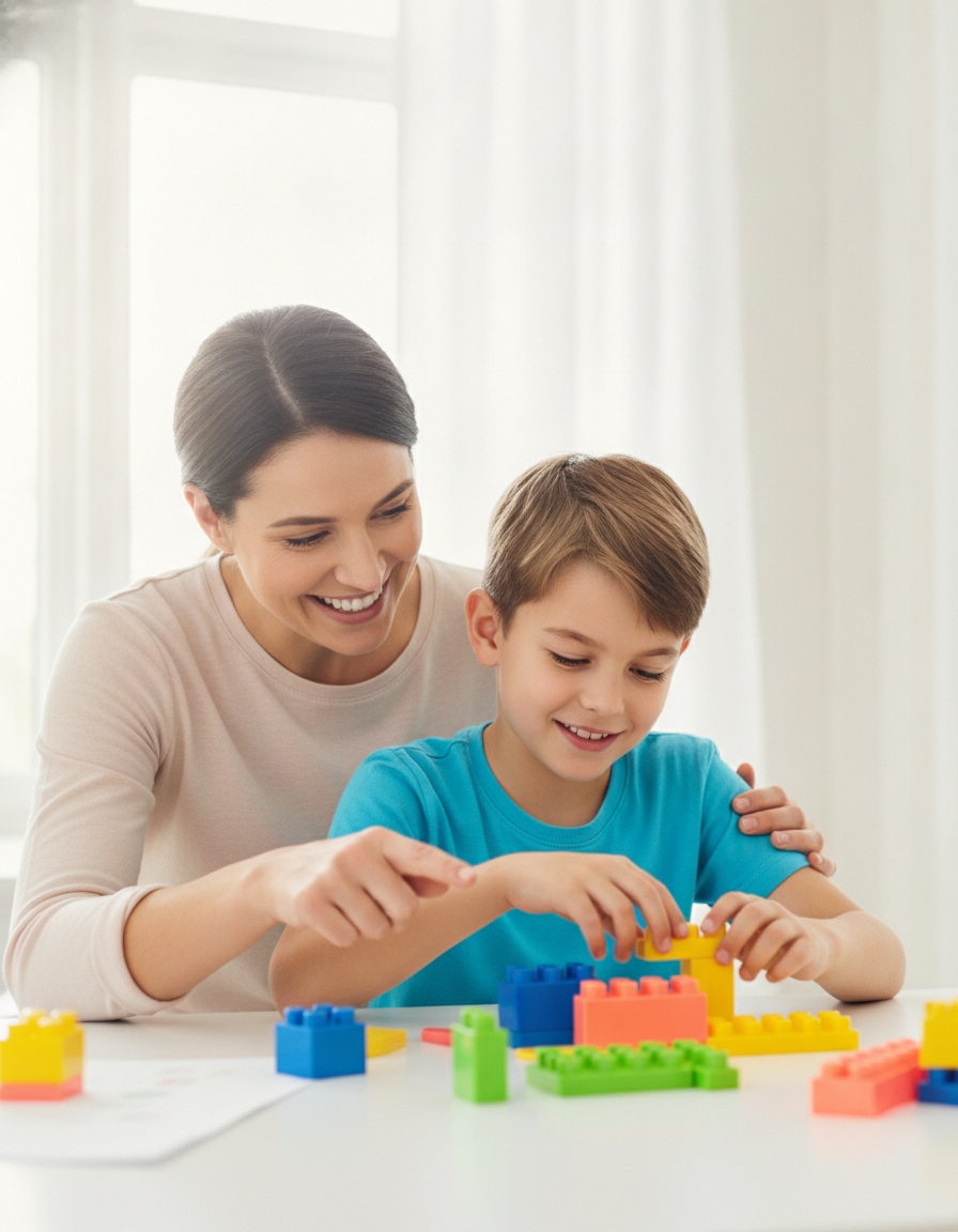 A parent and their 12-year-old child practicing a learning skill together at a bright desk