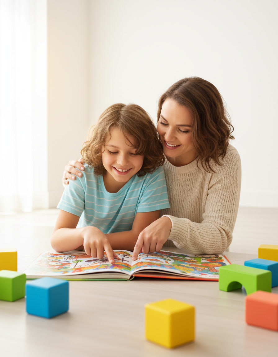 A smiling parent and a confident twelve-year-old point together at a page in an open picture book in a bright, airy room.