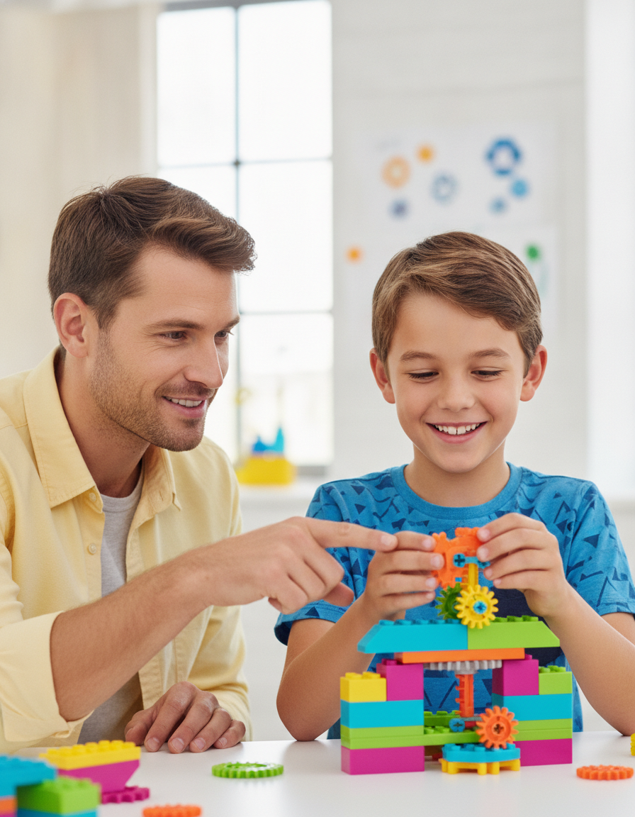 A cheerful young child working through a learning activity beside an encouraging parent in a bright room