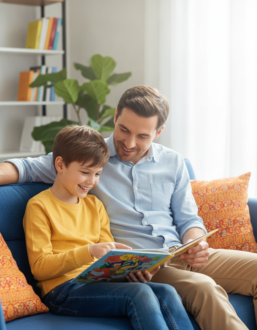 A father and his son sit on a sunny sofa, the boy pointing at an open book and grinning.