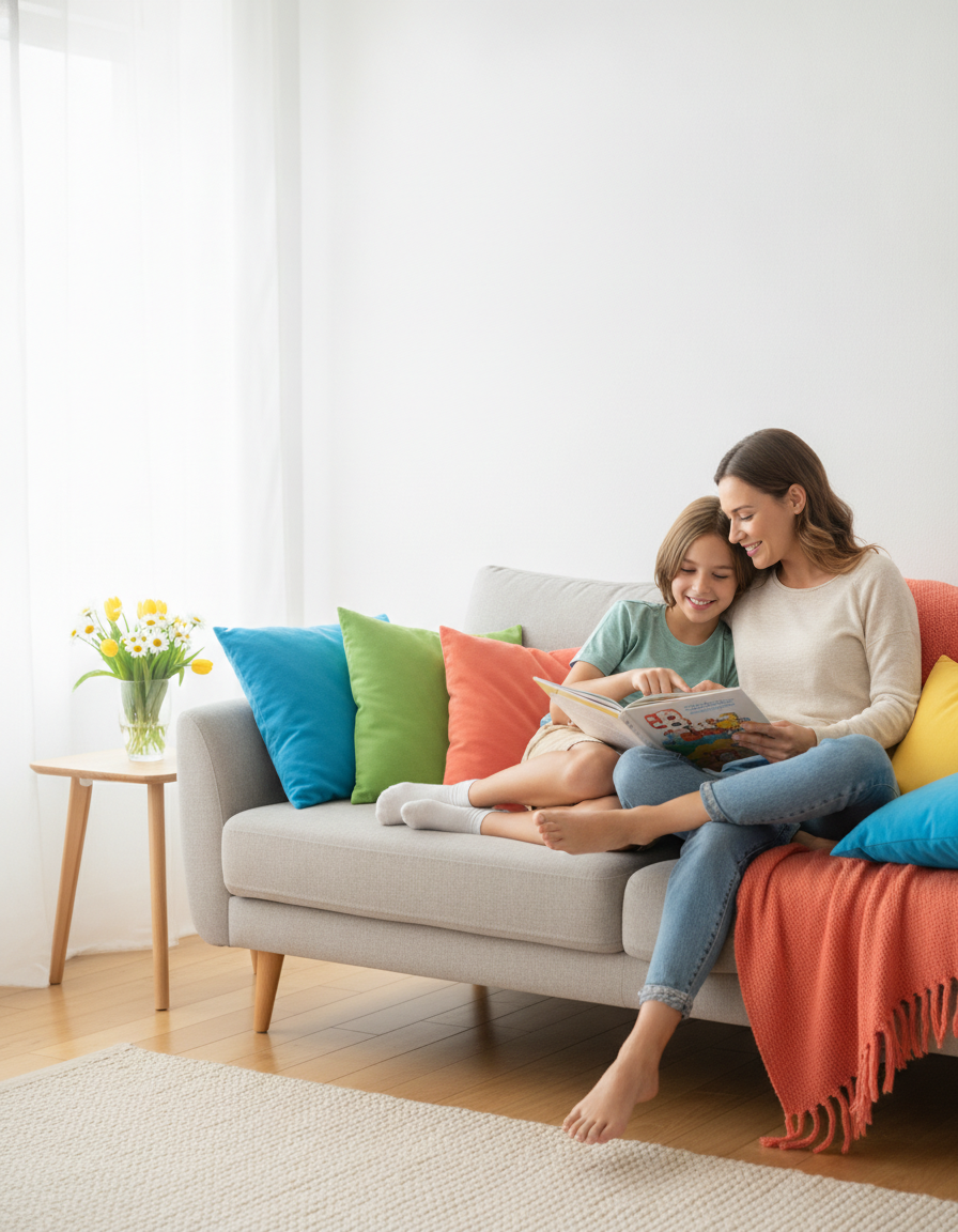 A parent and child reading a book together on the couch, taking turns and smiling