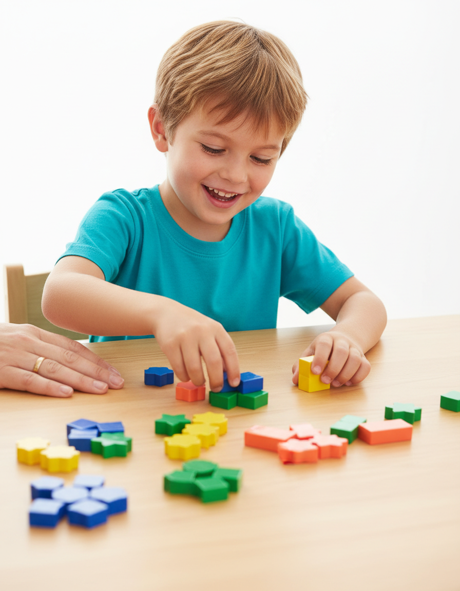 A focused, happy child sorting bright colored blocks and counters with a parent hand resting encouragingly nearby