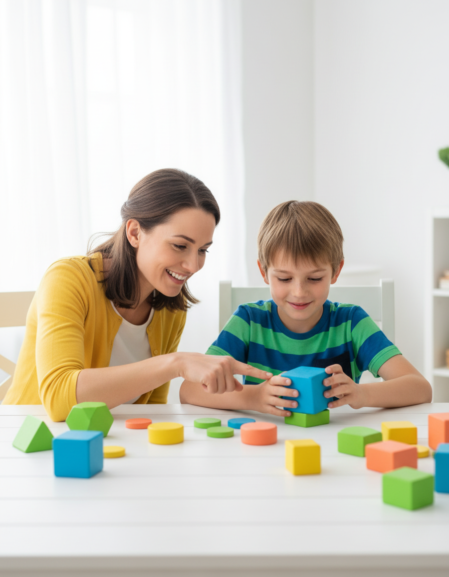 A parent pointing encouragingly as her child builds with colorful blocks at a clean white table, the two working together on a hands-on learning activity.