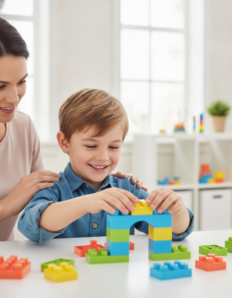 A cheerful twelve-year-old child building with colorful blocks while a parent offers encouraging support